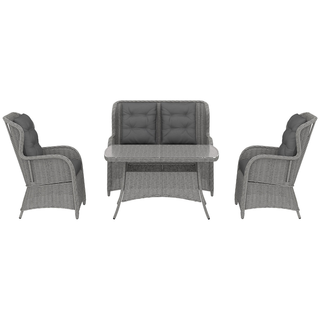 Garden PE Rattan Dining Sofa Set, Outdoor 4 Seater Wicker Furniture, High Back Chairs with Cushions, Tempered Glass Coffee Table for Patio, Light Grey