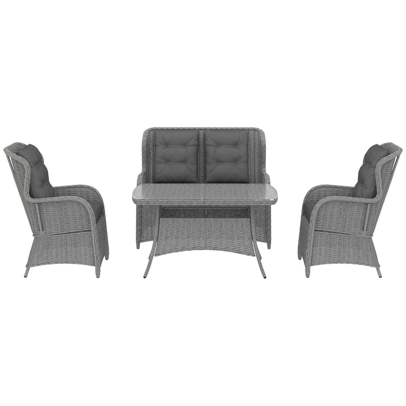 Garden PE Rattan Dining Sofa Set, Outdoor 4 Seater Wicker Furniture, High Back Chairs with Cushions, Tempered Glass Coffee Table for Patio, Light Grey