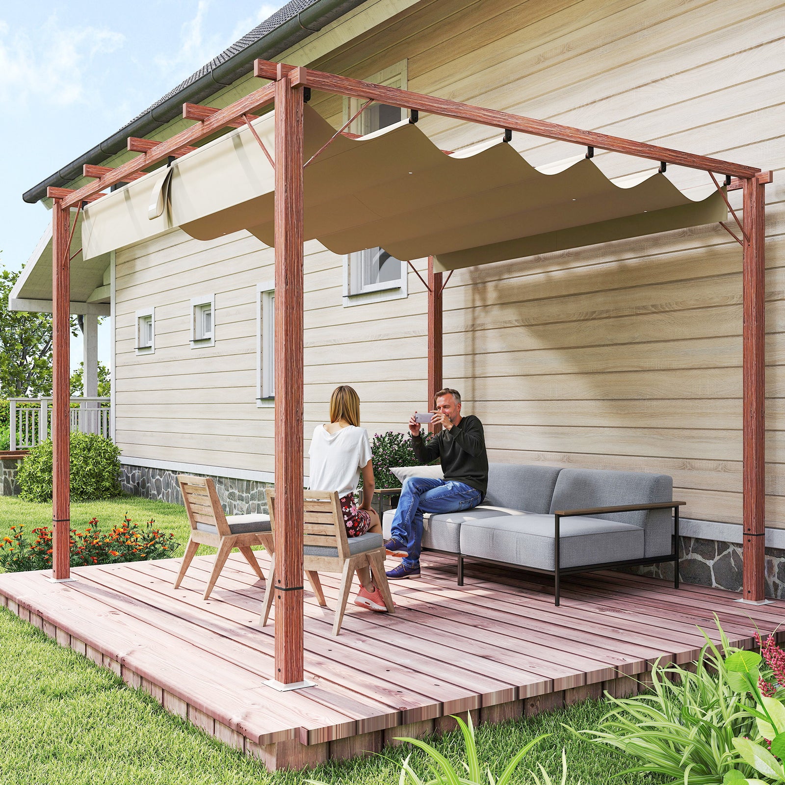 3 x 3 m Retractable Roof Pergola - Natural Wood Finish