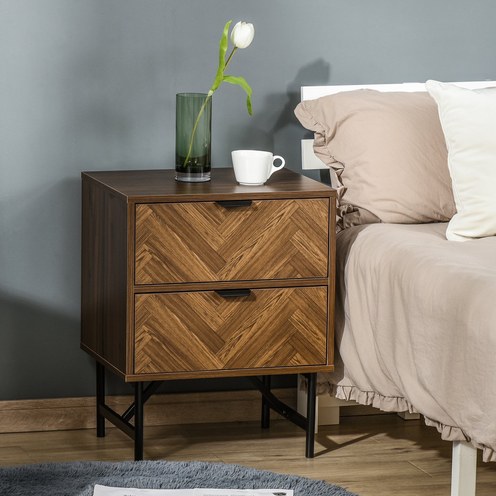 Bedside Table with Two Drawers, Side Cabinet Storage Unit with Metal Handles, Organisation Furniture for Living Room, Bedroom, Walnut Brown