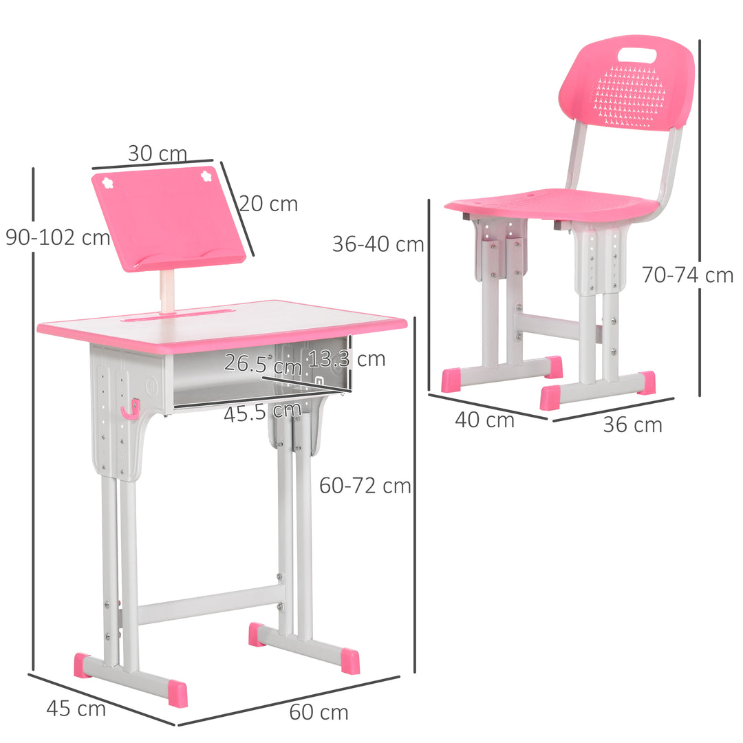 HOMCOM Children's Study Desk and Chair Set, Adjustable Height with Drawer, Bookshelf, Cup Holder & Pen Groove, Pink | Aosom UK