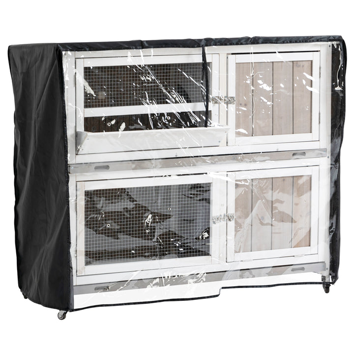 PawHut Wooden Rabbit Hutch Two-Tier Guinea Pig Cage Elevated Multi-Door Pet House Bunny Cage w/ Rain Cover, Wheels, Slide-Out Tray, Grey | Aosom UK