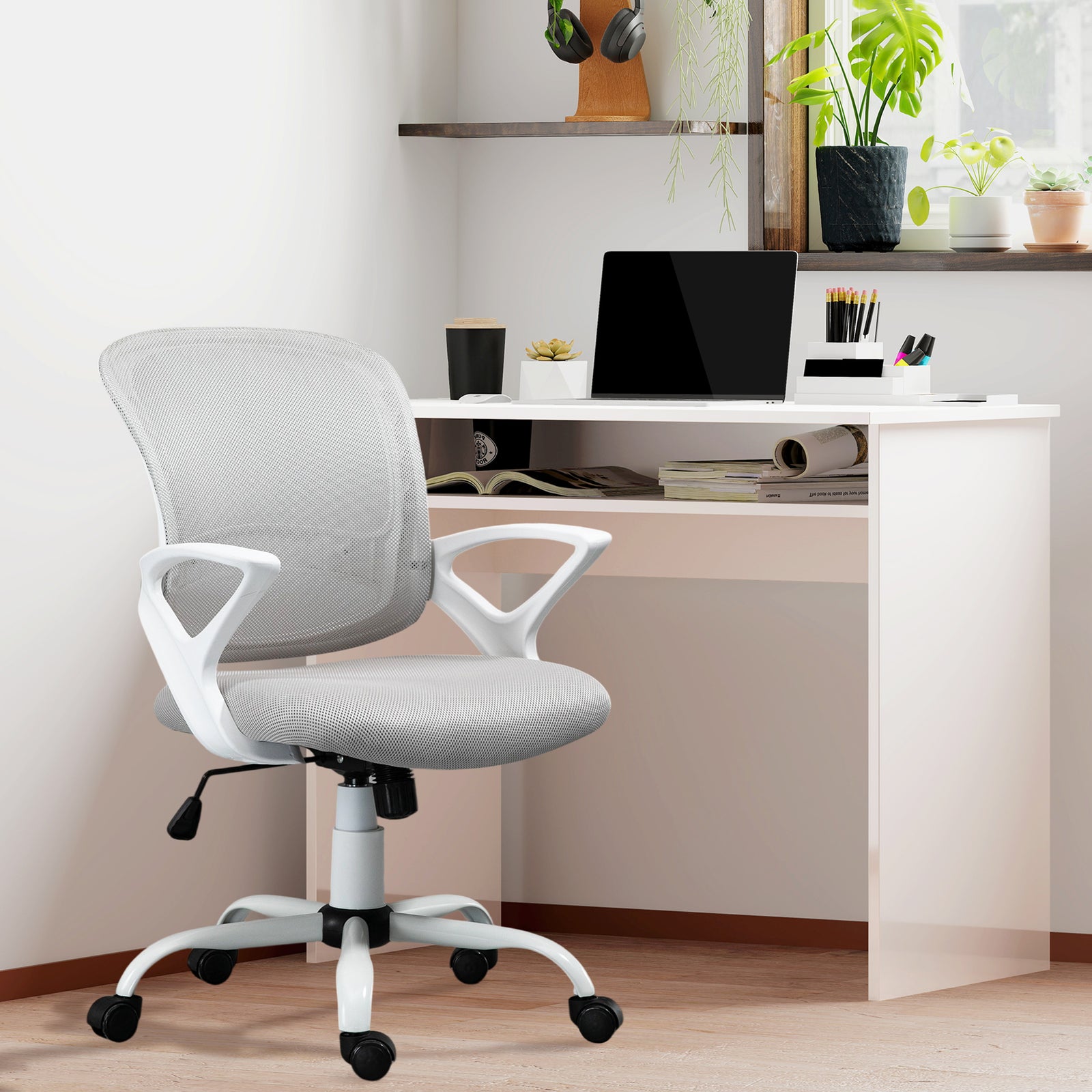 Home Office Chair and Computer Desk Set, Mesh Chair with Swivel Wheels, Study Desk with Storage Shelf, High Gloss White and Grey
