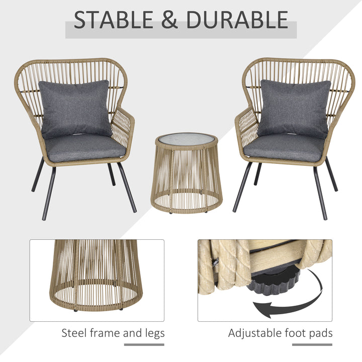 3 Pieces Rattan Bistro Set, Wicker Garden Furniture Set with Cushions, Glass Top Coffee Table and Chairs for Outdoor, Patio, Balcony, Brown