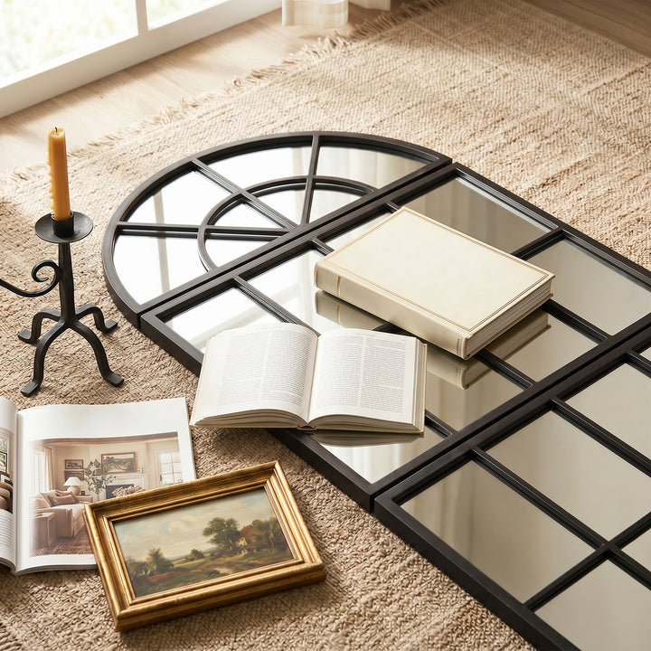 Large Arched Wall Mirror with Metal Grid, 3-Piece Split Window Mirrors