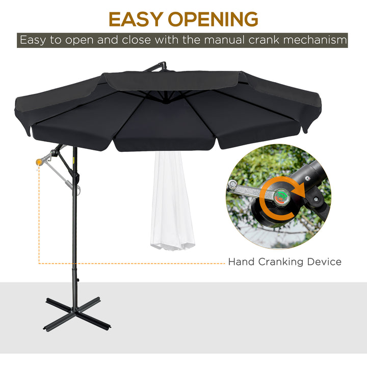 2.7m Garden Banana Parasol Cantilever Umbrella with Crank Handle and Cross Base for Outdoor, Hanging Sun Shade, Black