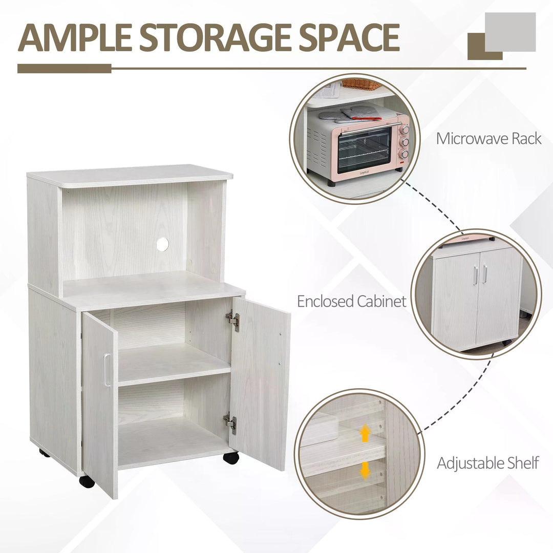 HOMCOM Kitchen Trolley: Mobile Microwave Stand with Storage Cabinets, White Bookcase on Wheels | Aosom UK