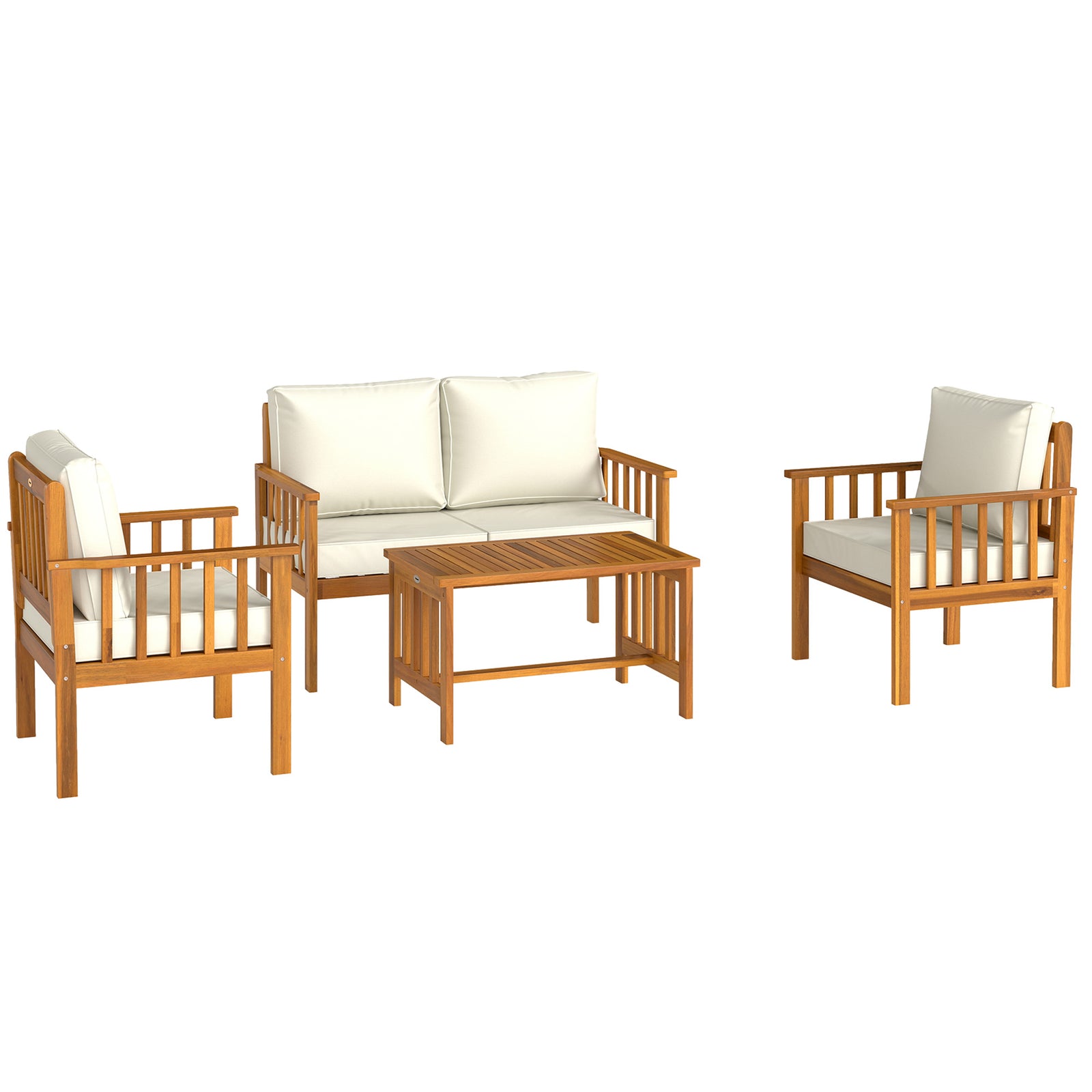 Four-Piece Acacia Wood Garden Sofa Set - Teak/Cream