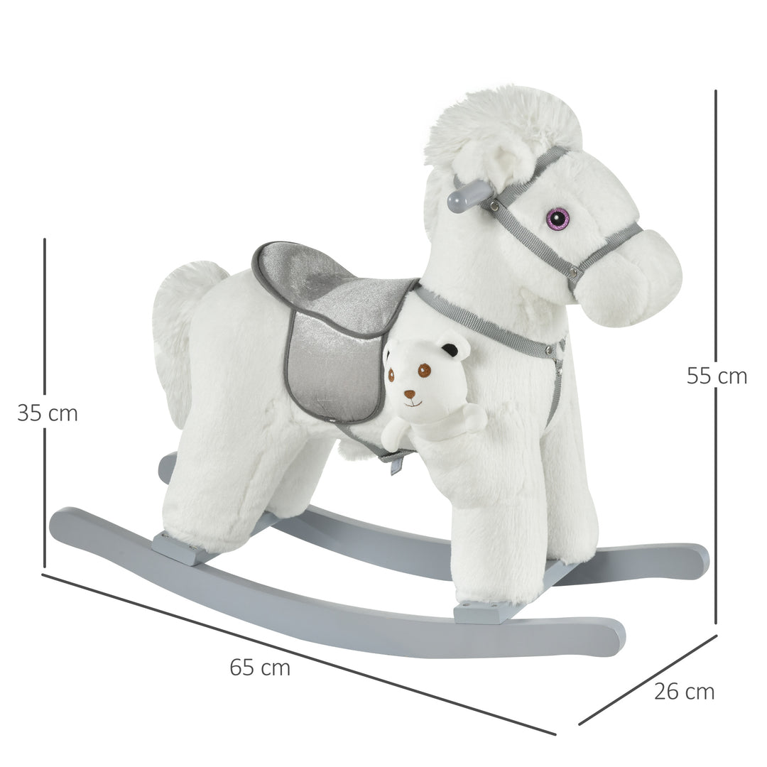 MCL Kids Plush Ride-On Rocking Horse Toy Rocker with Plush Toy Realistic Sounds for Child 18-36 Months White