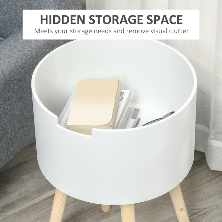 Modern Side Table with Hidden Storage Space, Round Night Stand with Removable Tray Wood Frame End Coffee Table for Living Room, White