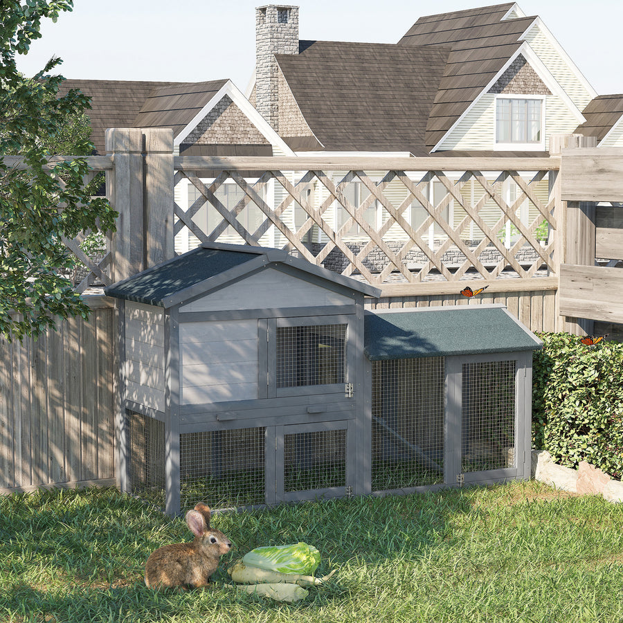 Wooden Rabbit Hutch Outdoor, Double Tier with Water-Resistant Roof, Ramp 147 x 54 x 84 cm, Grey