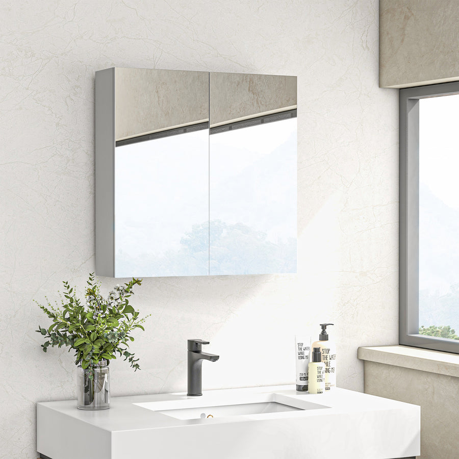 Bathroom Mirror Cabinet, Wall Mounted Bathroom Storage Cupboard with Adjustable Shelf, 60W x 15D x 60Hcm, High Gloss White