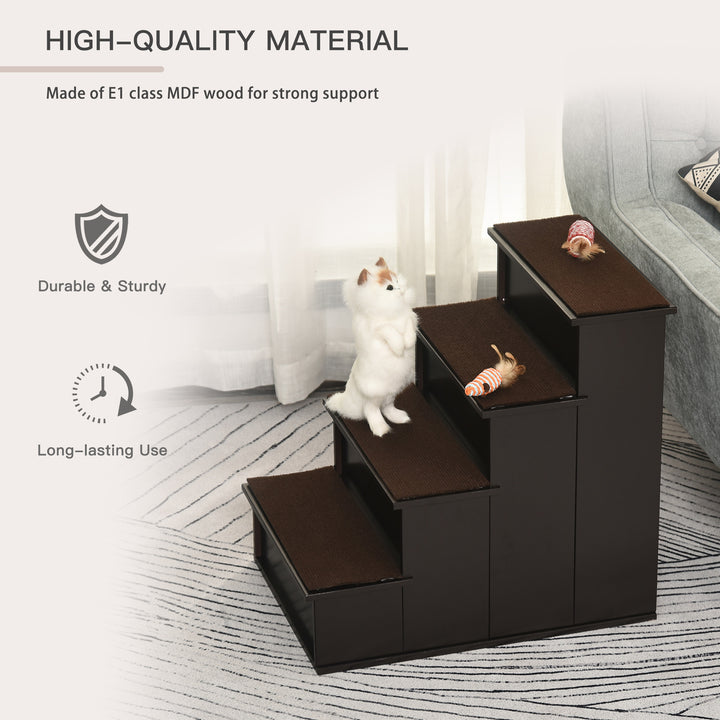 4 Step Wooden Dog Steps Pet Stairs for Dogs, Cat Ladder for Bed Couch with Non-Slip Carpet 40 x 59 x 54.2 cm, Dark brown