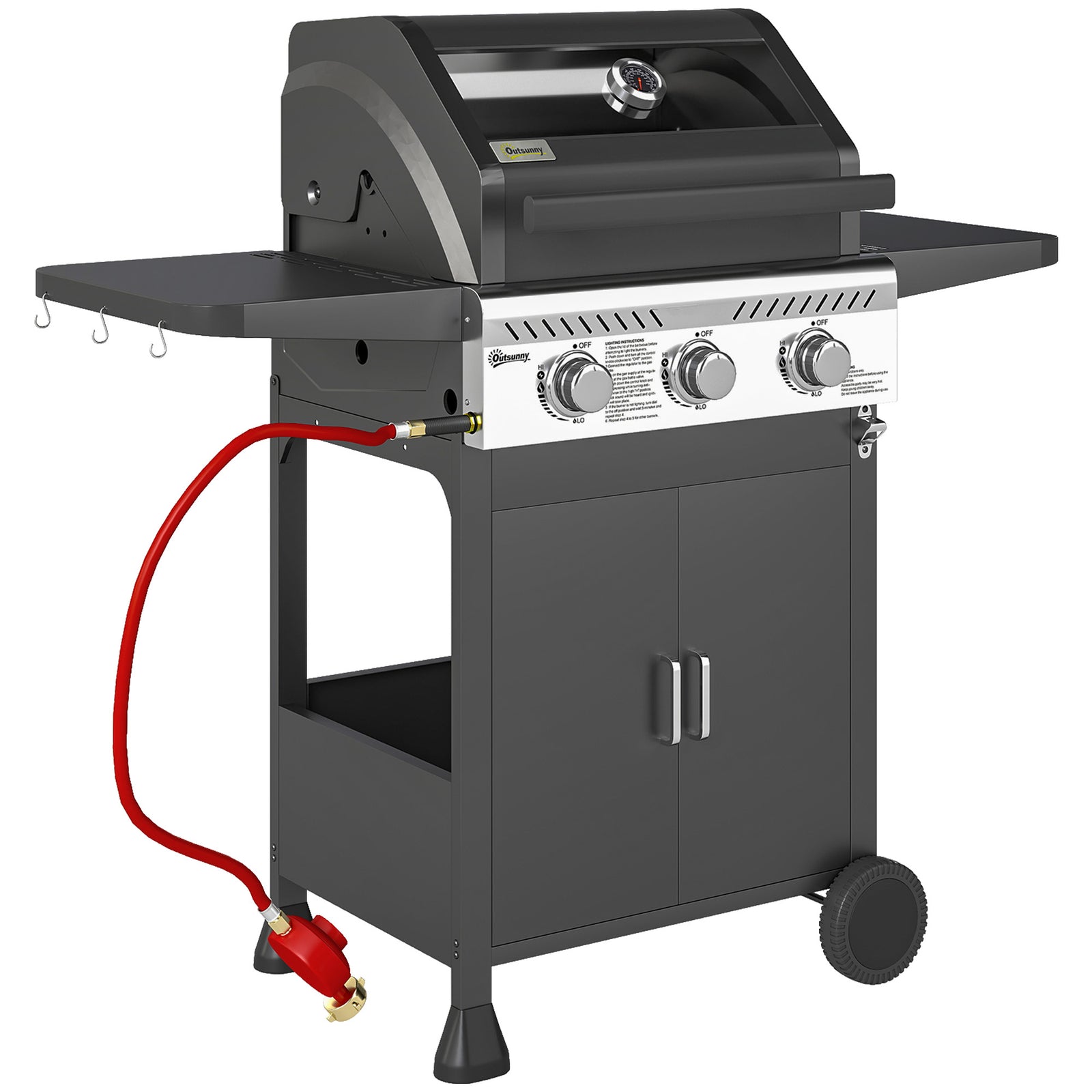 7.5kW Three-Burner Gas BBQ Grill, with See-Through Lid - Black