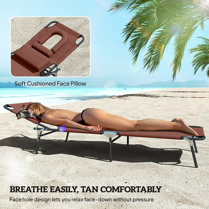 Outdoor Folding Sun Lounger with Face Hole, 4 Level Adjustable Backrest Reclining Garden Lounger, Garden Recliner Sunbed with 600 D Oxford Cloth Seat and Pillow for Beach, Brown