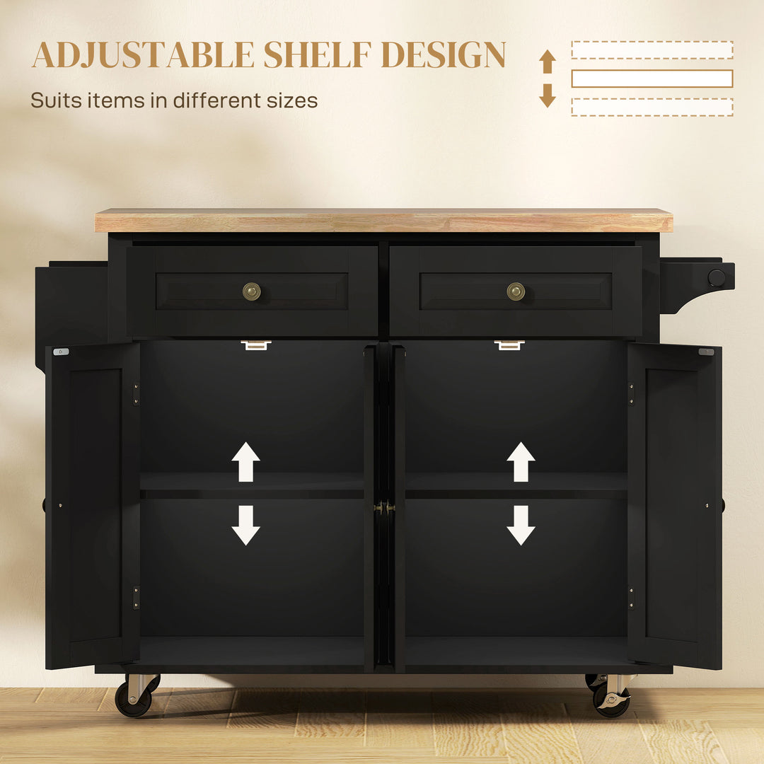 Rolling Kitchen Island Storage Trolley with Rubber Wood Top & Drawers for Dining Room, Black