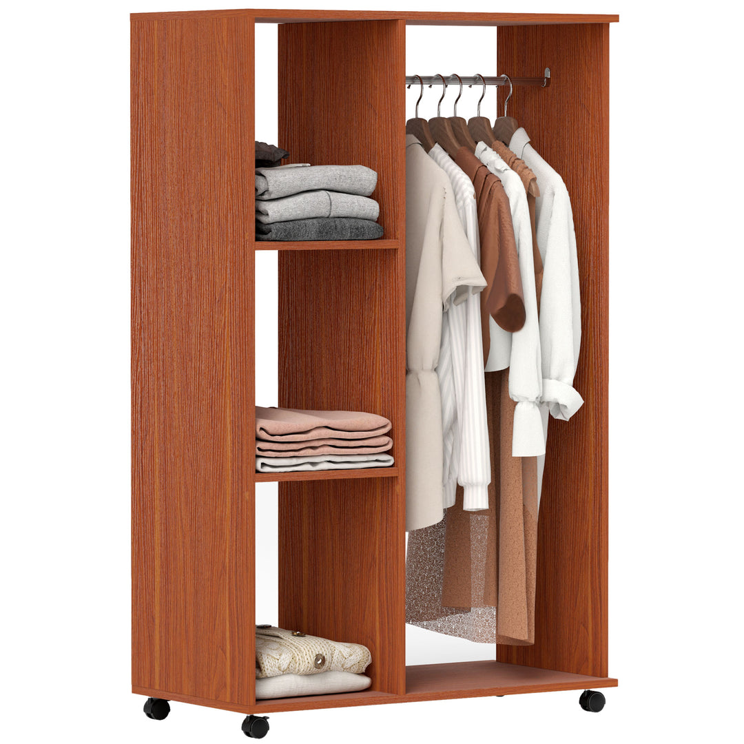 MCL Open Wardrobe on Wheels, Bedroom Wardrobe with Clothes Hanging Rail, 3 Storage Shelves, Mobile Garment Rack for Cloakroom, Hallway, Walnut