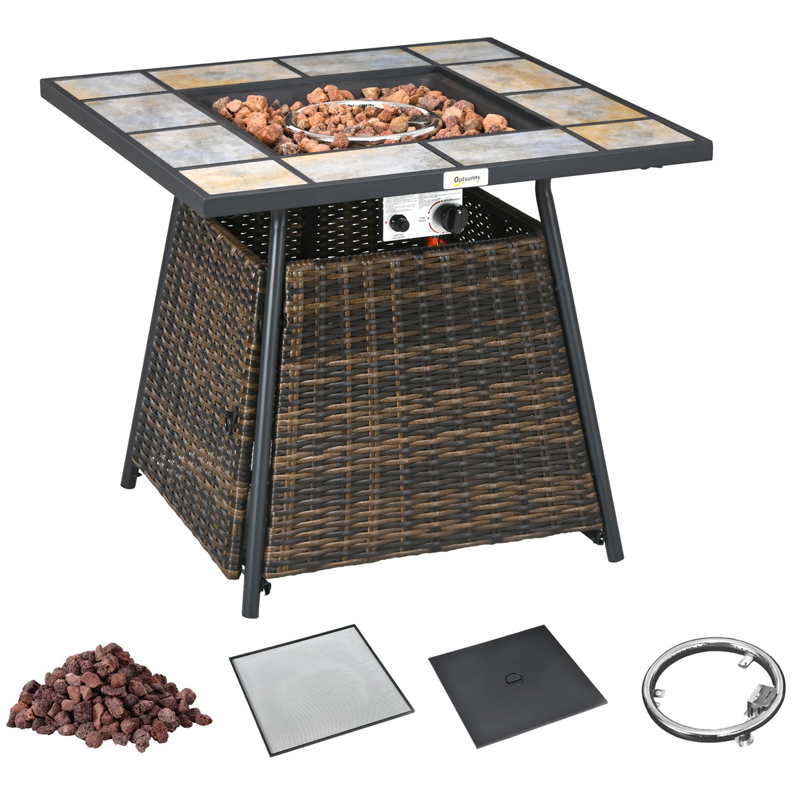 Square Outdoor PE Rattan Fire Pit Table Gas Burner Heater w/ Control Panel, Slate Top, Lid and Lava Rocks, 50,000 BTU