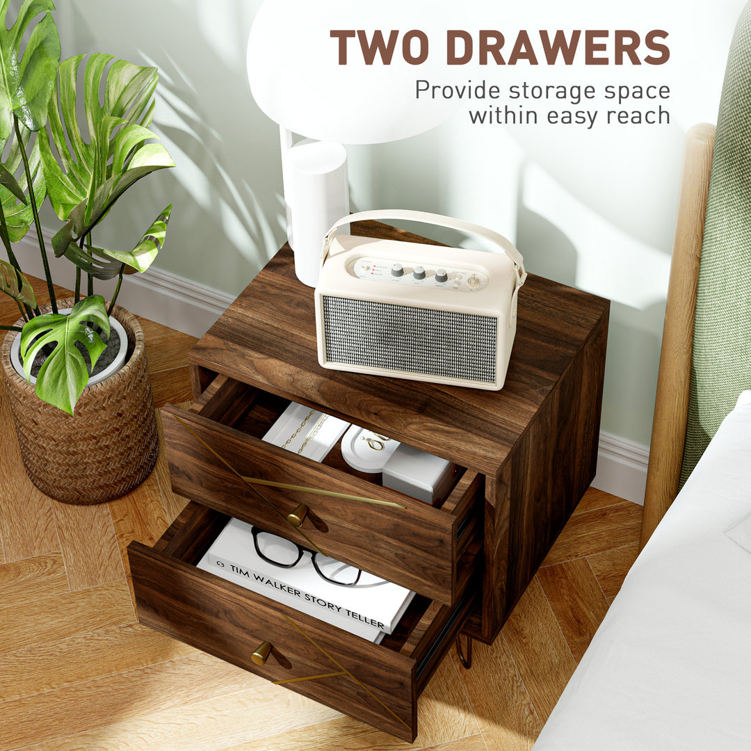 Bedside Tables Set of 2, Modern Side Table Set with 2 Drawers and Steel Hairpin Legs, Nightstand for Bedroom, Brown Wood Grain