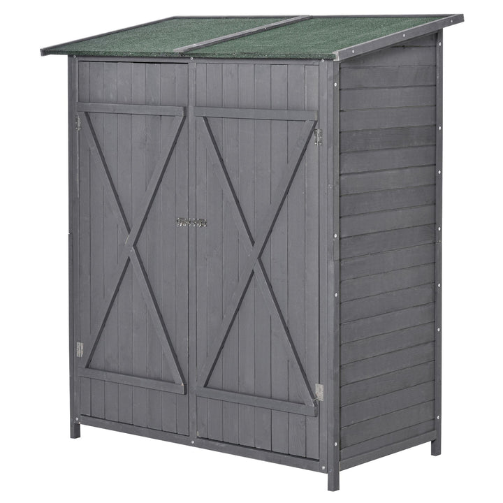 Outsunny Wooden Garden Storage Shed Lockable Tool Cabinet Organizer w/ Storage Table, Double Door, 139 x 75 x 160 cm, Grey