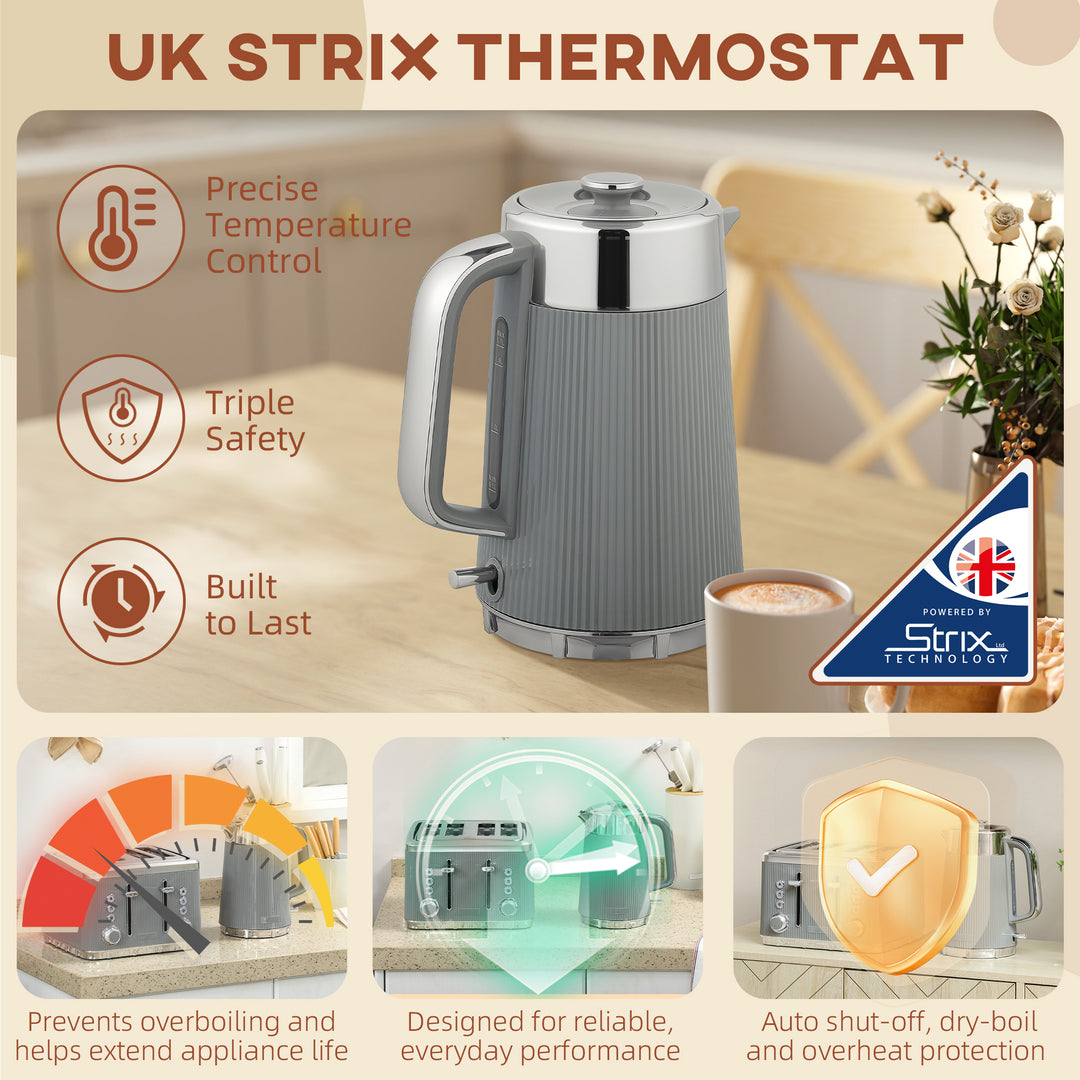 Electric Kettle and Toaster Set, 3000W 1.7L UK Strix Thermostat Rapid Boil Jug Kettle with Limescale Filter, Cool Touch Body, 4 Slice Toaster with 7 Browning Controls, Crumb Tray, Tan