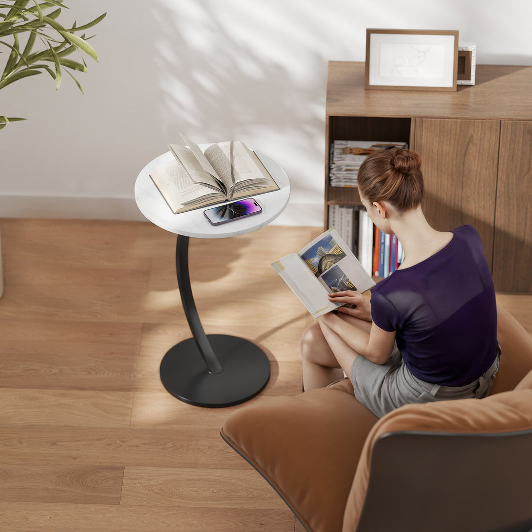 C Shaped Side Table, Round Bedside Table with Marble Effect Top, Modern Coffee Table Sofa End Table with Metal Frame for Living Room Bedroom Office, White