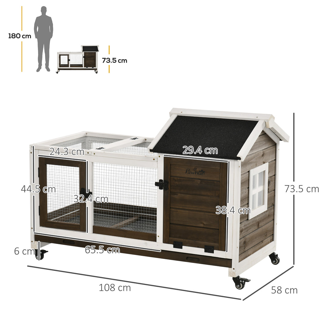 PawHut Wooden Rabbit Hutch with Wheels, Guinea Pig Cage, Small Animal House for with Slide-out Tray, 108 x 58 x 73.5cm, Coffee | Aosom UK