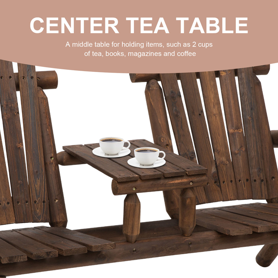Wood Patio Chair Bench 2 Seats Jack and Jill Seat w/ Center Coffee Table, Garden Bench, Carbonized