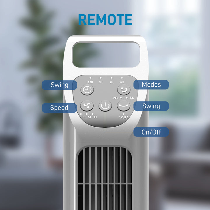 HOMCOM 31" Oscillating Tower Fan with Remote Control, 4H Timer, 3 Speed 3 Modes, Quiet Electric Floor Standing Fan for Home Office, Silver | Aosom UK