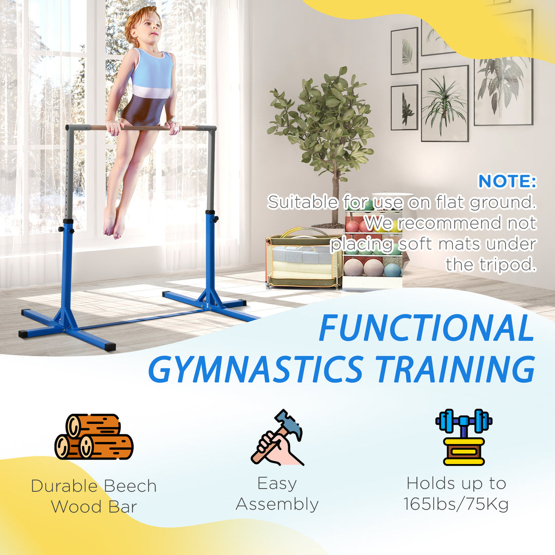 HOMCOM Height Adjustable Gymnastics Horizontal Bar For Kids Home Gym Training Children Junior Kip High Bar Fitness Blue w/ Steel Frame Wood