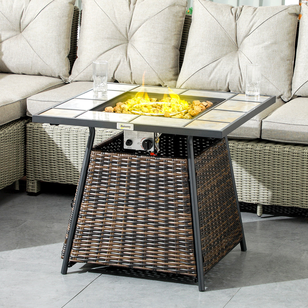Square Outdoor PE Rattan Fire Pit Table Gas Burner Heater w/ Control Panel, Slate Top, Lid and Lava Rocks, 50,000 BTU