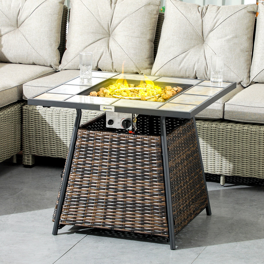 Square Outdoor PE Rattan Fire Pit Table Gas Burner Heater w/ Control Panel, Slate Top, Lid and Lava Rocks, 50,000 BTU