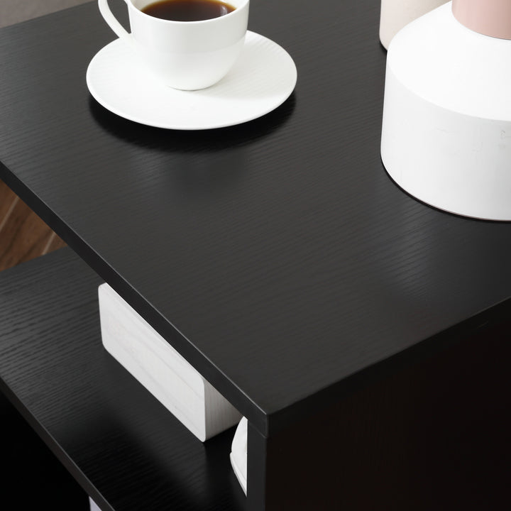 Wooden S Shape Cube Coffee Table 2 Tier Storage Shelves Organiser Office Bookcase Living Room End Desk Stand Display Set of 2 (Black)