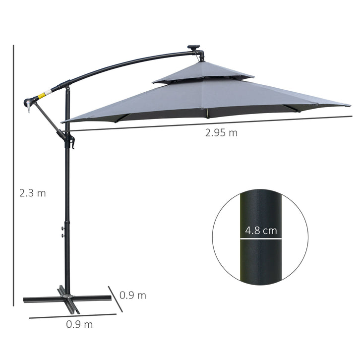 Outsunny 3(m) Cantilever Banana Parasol Hanging Umbrella with Double Roof, LED Solar lights, Crank, 8 Sturdy Ribs and Cross Base for Outdoor, Garden