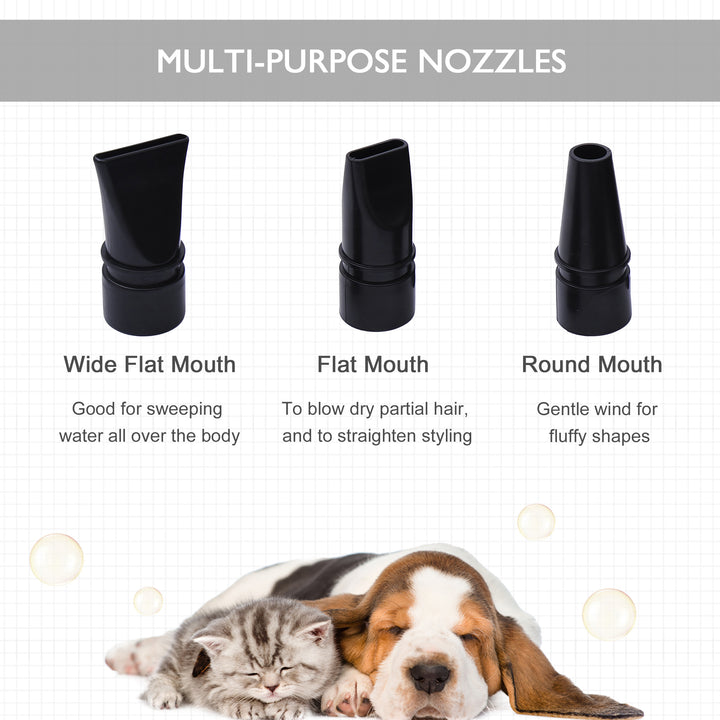 Dog Hair Dryer Pet Grooming Blaster Dryer Blower Adjustable Temperature Speed with 2.1M Flexible Hose 3 Nozzles - Black