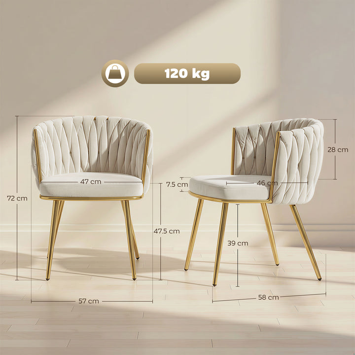 Velvet-Feel Dining Chairs Set of 2, Modern Upholstered Kitchen Chairs with Woven Backrest and Armrests, Metal Legs and Padded Seat for Dining Room, Bedroom, Living Room