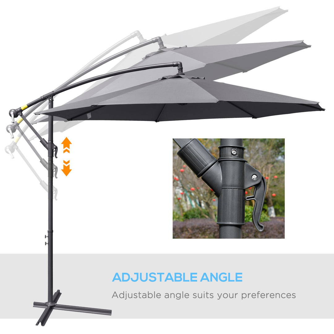 Outsunny 3(m) Garden Banana Parasol Cantilever Umbrella with Crank Handle and Cross Base, 8 Ribs for Outdoor, Hanging Sun Shade, Grey