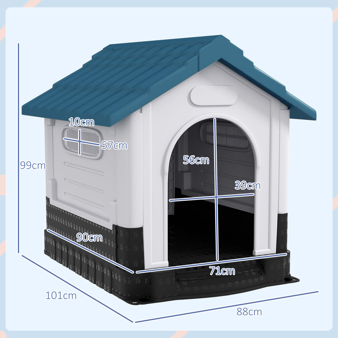 PawHut Plastic Dog Kennel with Windows, for Garden Patio, Medium and Large Dogs, 101 x 88 x 99cm - Blue | Aosom UK