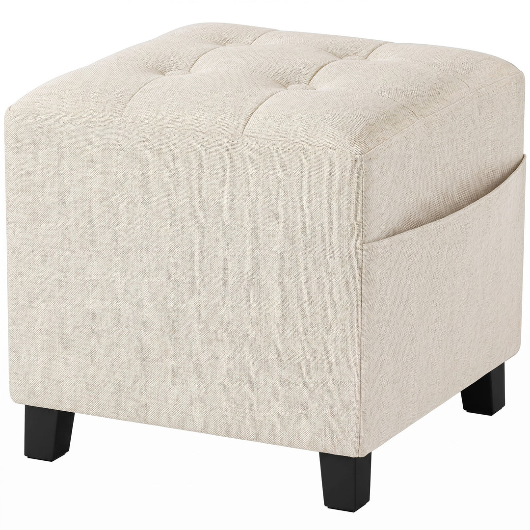 Small Ottoman, Square Footstool with Side Pocket, Rubber Wood Legs and