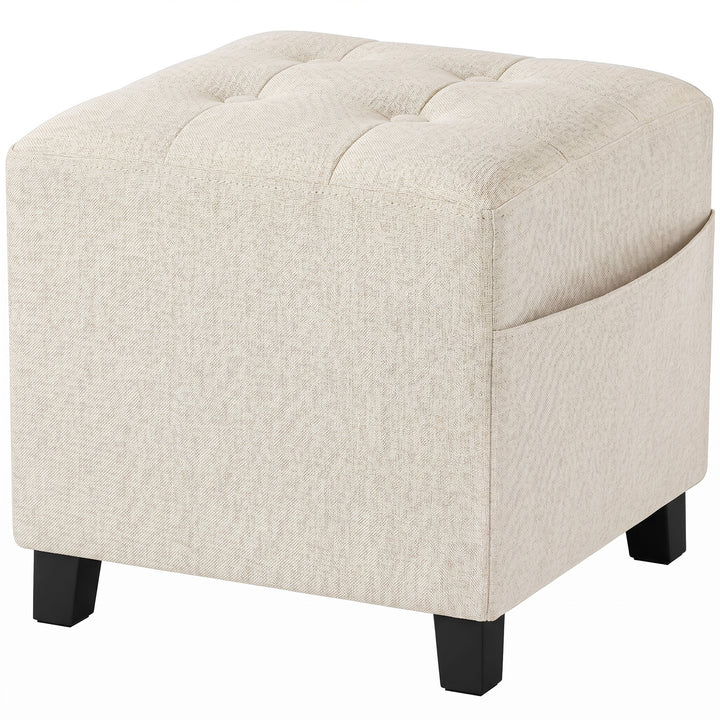 Small Ottoman, Square Footstool with Side Pocket, Rubber Wood Legs and