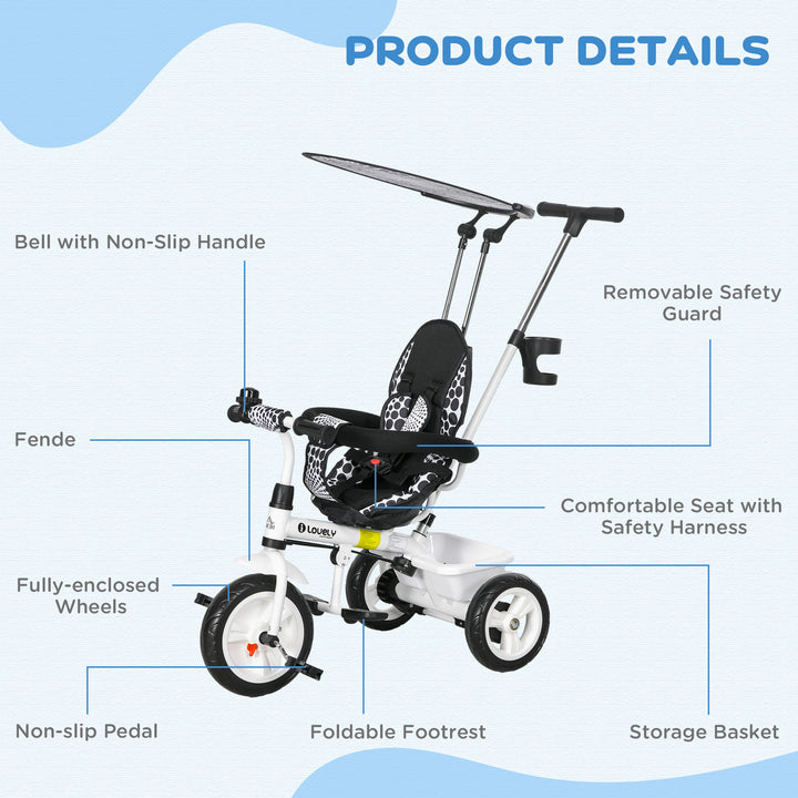 HOMCOM 4 in 1 Tricycle for Kids with 5-point harness straps, Removable Canopy, White