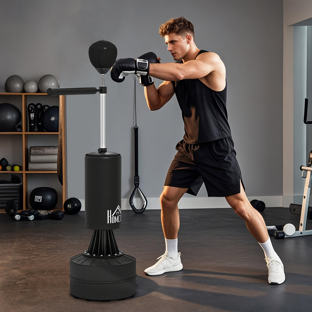 MCL 155-205cm 3-IN-1 Freestanding Boxing Punching Bag Stand, Boxing Speed Trainer with Rotating Flexible Arm, Speed Ball, Fillable Base, Black