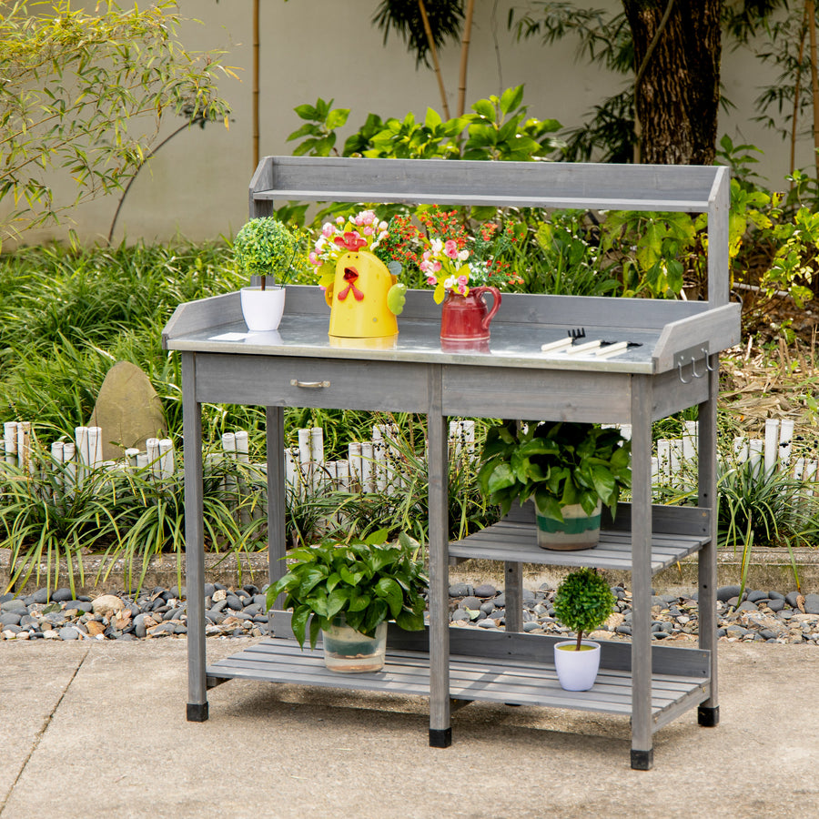 Garden Potting Table, Wooden Workstation Bench w/ Galvanized Metal Tabletop, Drawer, Storage Shelves and Hooks for Patios, Courtyards, Balcony