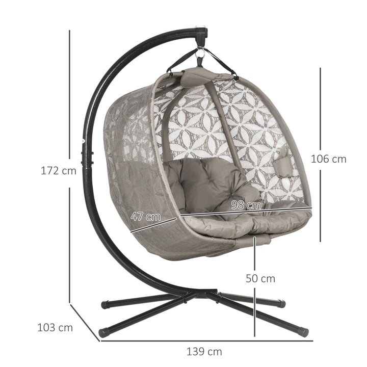 Outsunny Outdoor Double Hanging Chair, Swing Chair with Metal Stand, Thick Padded Cushion, Foldable Basket Cup Holders for Indoor Outdoor, Sand Brown