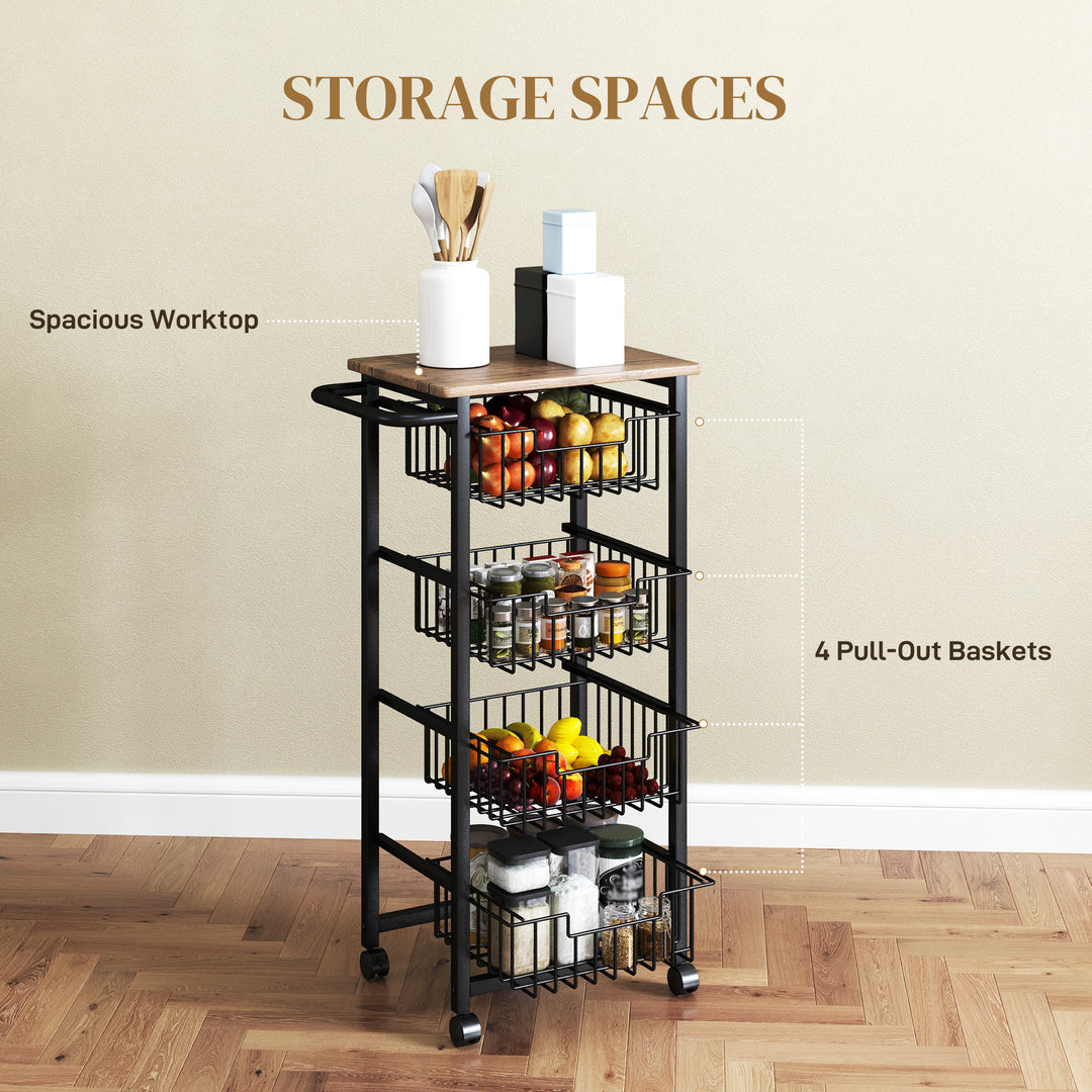Four Basket Mobile Kitchen Island, with Brakes - Oak/Black
