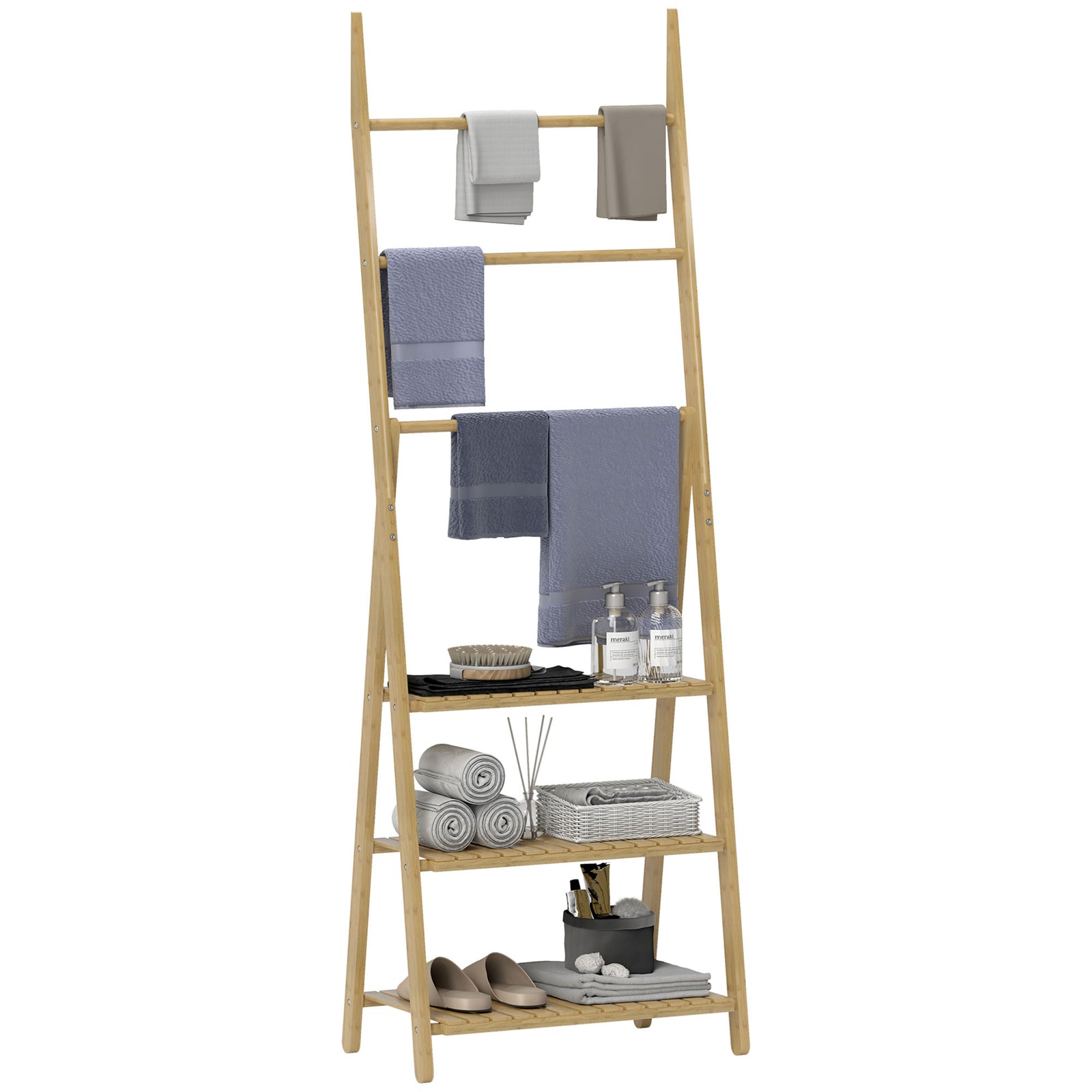Three-Shelf Bamboo Storage Unit, with Towel Racks - Natural Finish