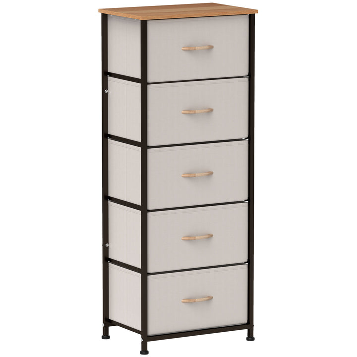 Fabric Chest of Drawers, Industrial Bedroom Dresser with 5 Fabric Drawers, Steel Frame and Wooden Top for Nursery, Living Room, Hallway, Cream White