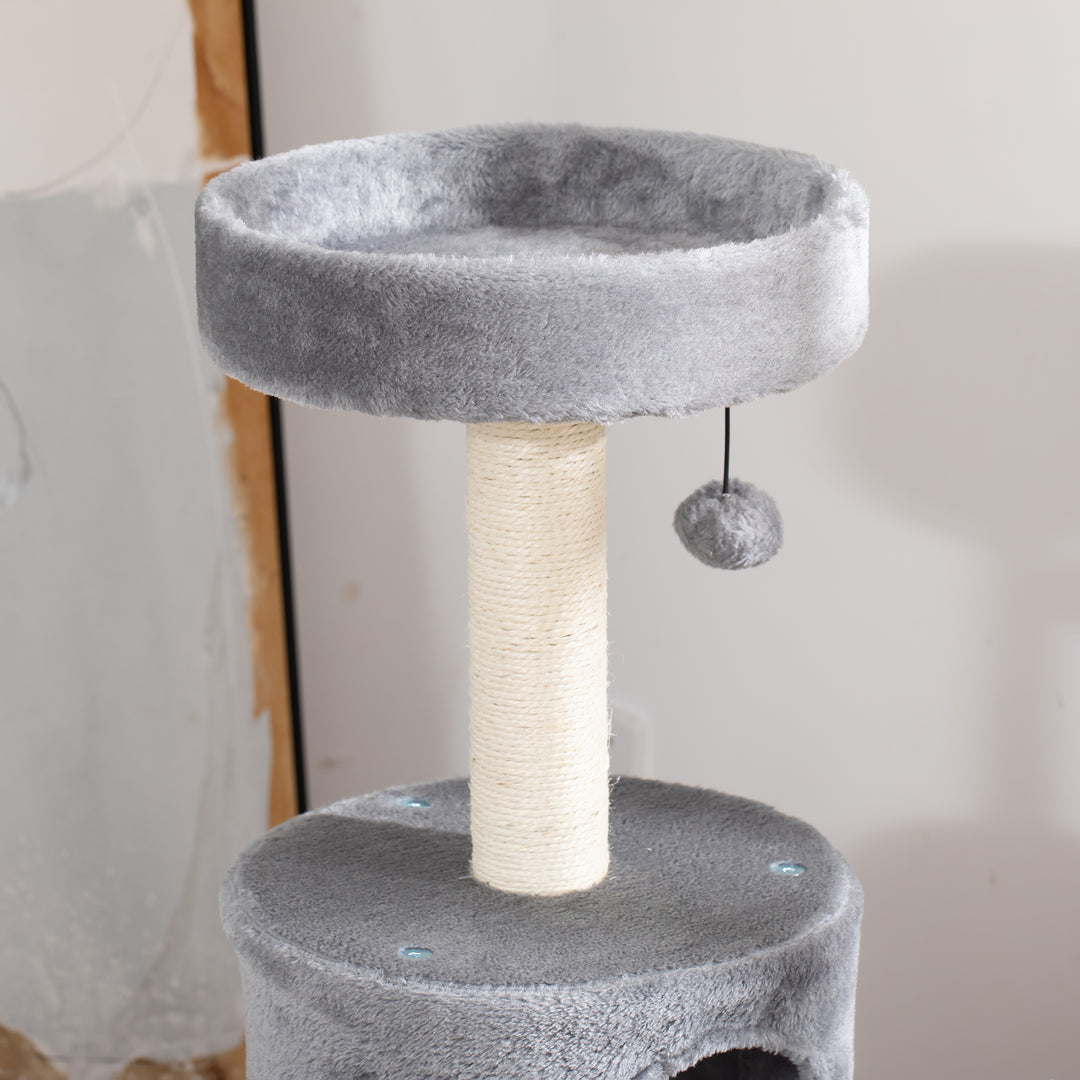 PawHut Cat Tree Tower Climbing Activity Center Kitten Furniture with Jute Scratching Post Bed Tunnel Perch Hanging Balls Grey | Aosom UK