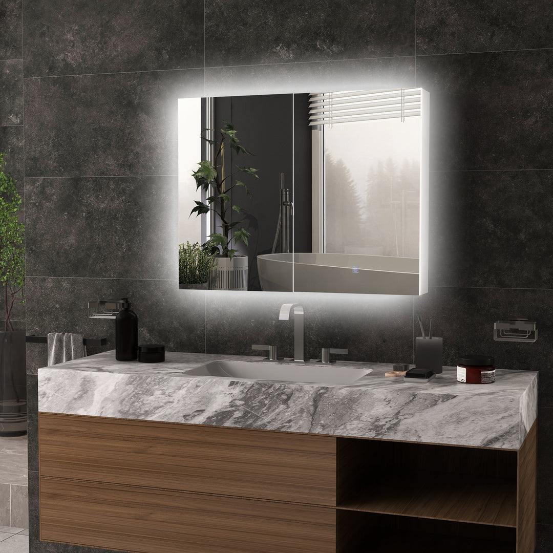 Bathroom Mirror Cabinet with Light, Bathroom Storage Cupboard with Adjustable Shelf, USB Powered, 90x15x70cm, White