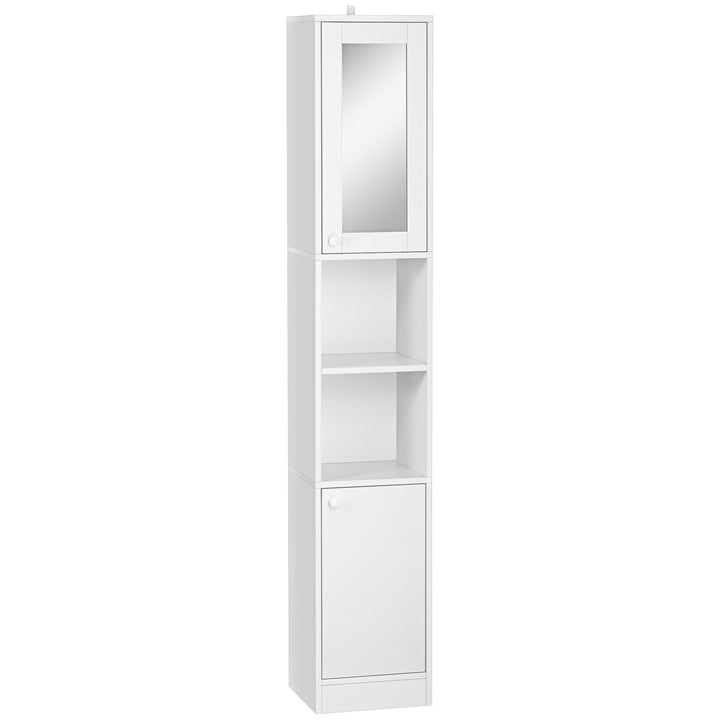 Tall Bathroom Storage Cabinet with Mirror, Narrow Bathroom Unit, Freestanding Bathroom Cupboard with Adjustable Shelves and 2 Doors, White
